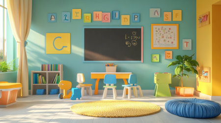 A vibrant and inviting classroom interior featuring colorful walls, creative decor, and a bright atmosphere that fosters learning and play for children.の素材