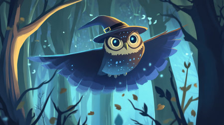 This enchanting illustration features an owl flying through a mystical forest at night. The whimsical design captures the magic and beauty of wildlife, perfect for fantasy themes.の素材