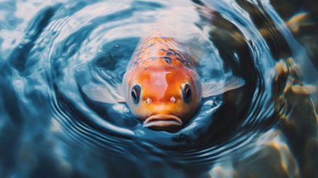 A striking koi fish gracefully swims in clear water, showcasing vibrant orange hues. The tranquil scene captures the beauty of nature and aquatic life.の素材