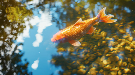 A stunning koi fish glides gracefully through clear water, surrounded by smooth stones. The vibrant colors create a peaceful and serene atmosphere, perfect for nature lovers.の素材
