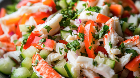 A vibrant salad featuring fresh vegetables and crab meat, perfect for a healthy meal or appetizer. Ideal for summer gatherings and nutritious eating.の素材