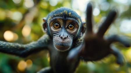 A curious young monkey reaches towards the camera, showcasing its expressive eyes and playful nature. The lush green background enhances the vibrant scene.の素材