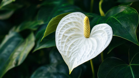 A stunning close-up of a white heart-shaped flower surrounded by lush green leaves, showcasing intricate texture and natural beauty, perfect for nature lovers.の素材