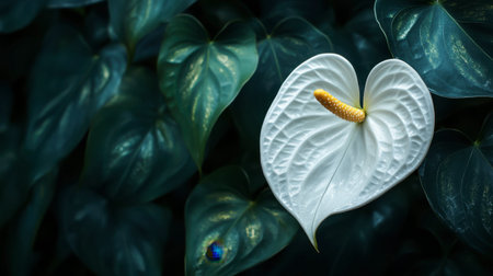 A stunning close-up of an elegant white flower surrounded by rich green leaves, capturing the beauty of nature and tranquility in a serene environment.の素材