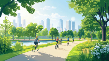 A vibrant urban landscape featuring cyclists enjoying a sunny day in a scenic park. The lush greenery and city skyline create a perfect escape for outdoor activities.の素材