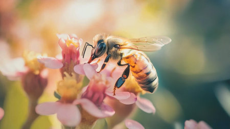 A detailed close-up of a bee collecting nectar from a vibrant flower. This image showcases the beauty of nature and the essential role of pollinators in maintaining ecosystems.の素材