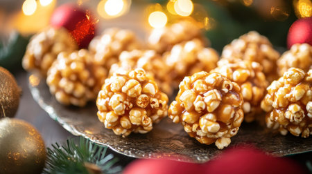 Enjoy these delightful popcorn balls arranged on a decorative plate, perfect for festive gatherings and holiday celebrations. A sweet treat for all!の素材