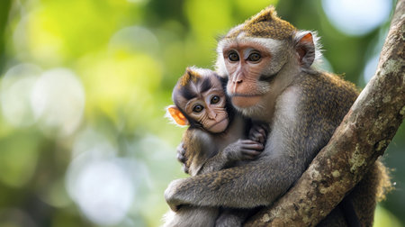 A heartwarming scene of a mother monkey and her baby, embracing on a tree branch in the lush greenery of their natural habitat, showcasing love and tenderness.の素材