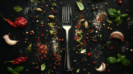 A flat lay of spoon and fork with spices and herbs scattered around, creating a culinary theme.の素材