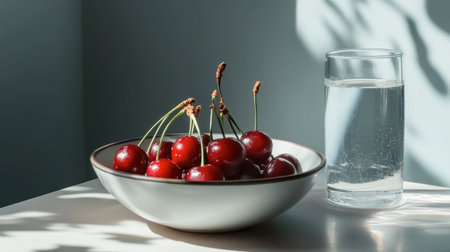 A healthy snack setup with a bowl of red cherries and a glass of water by the side.の素材