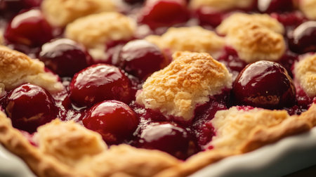 A freshly baked cherry cobbler, with golden crust and juicy red cherries bubbling inside.の素材