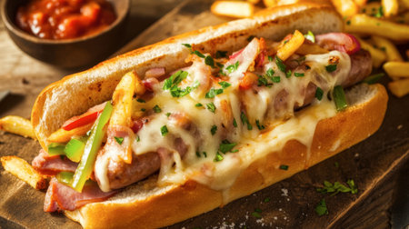 A ham sausage sub sandwich with melted cheese, onions, and bell peppers, served with a side of fries.の素材