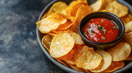 A plate of potato chips served with a dipping sauce, ready for snacking.の素材