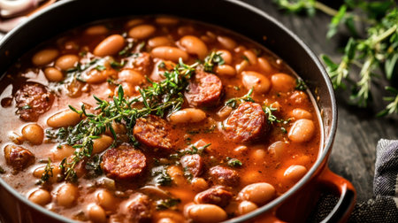 A hearty ham sausage and bean stew simmering in a large pot, with fresh herbs and spices visible in the rich broth.の素材
