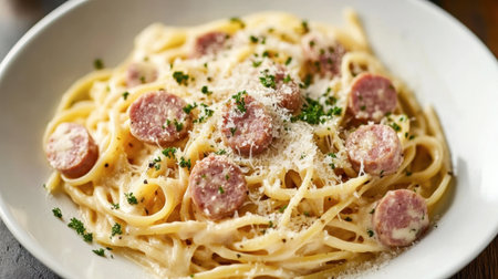 A fresh pasta dish with sliced ham sausage, creamy alfredo sauce, and freshly grated parmesan cheese.の素材