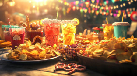 A party spread featuring potato chips, pretzels, and various beverages in a lively setting.の素材