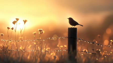 A peaceful early morning scene of a little bird perched on a fence post, with soft light illuminating the dew-covered grass.の素材