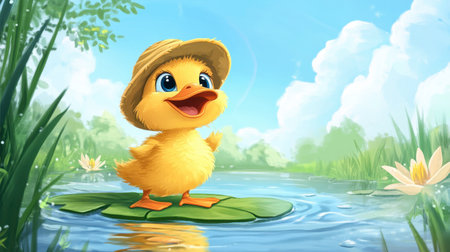 A cute duckling wearing a straw hat stands on a lily pad in a sunny pond. Vibrant colors and a joyful expression create a cheerful atmosphere.の素材