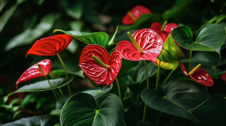 A stunning display of vibrant red anthurium flowers nestled among lush green leaves, highlighting the beauty of tropical plants in a serene environment.の素材
