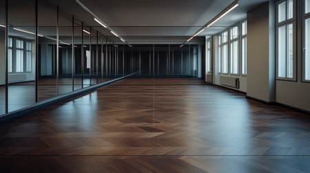 An empty dance studio with wide mirrors and rich dark oak parquet flooring, ready for ballet practice.の素材