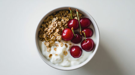 A top-down view of a breakfast bowl with yogurt, granola, and red cherries as toppings.の素材
