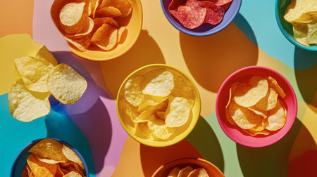 A top-down view of various flavors of potato chips in colorful bowls at a party.の素材