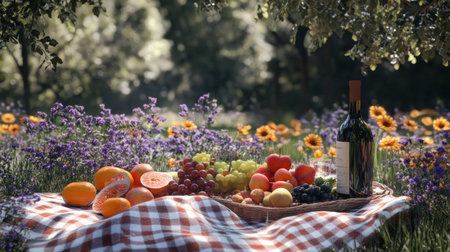 A romantic picnic setting among wildflowers, with a checkered blanket, fresh fruits, and a bottle of wine, creating a cozy outdoor atmosphere.の素材