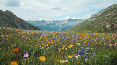 A wildflower field surrounded by mountains, creating a stunning contrast between the colorful blooms and rugged landscape.の素材