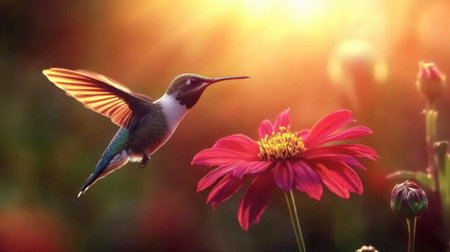 A stunning image of a hummingbird hovering near a bright red flower, its iridescent feathers sparkling in the sunlight.の素材