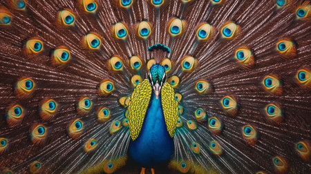 A magnificent peacock showcasing its vibrant feathers, revealing intricate patterns and colors. This image captures the essence of wildlife beauty in nature.の素材