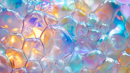 This captivating image showcases vibrant soap bubbles with a stunning iridescent glow. The intricate patterns and colors create a visually appealing abstract design.の素材