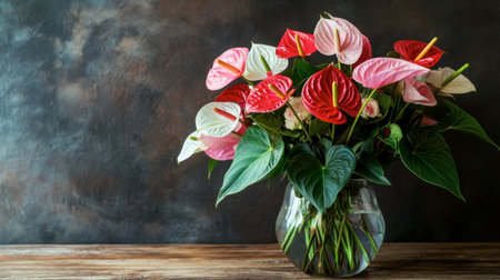 A stunning display of colorful anthurium flowers in a glass vase, set against a dark background. This arrangement adds a touch of elegance and vibrancy to any space.の素材