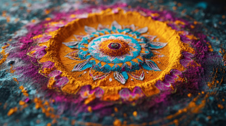 Vibrant rangoli art created with colored powders on a dark surface. This traditional Indian decoration symbolizes joy and celebration during festivals.の素材