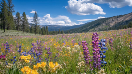 A wildflower meadow dotted with wild grasses, creating a natural tapestry of colors and textures in a harmonious setting.の素材