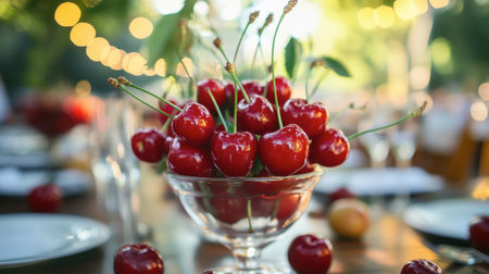 A vibrant red cherry centerpiece at a summer outdoor party table.の素材