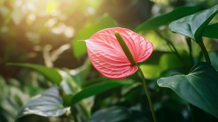 A stunning vibrant pink flower stands out against lush green leaves, capturing the essence of tropical beauty and natural serenity in an outdoor garden setting.の素材