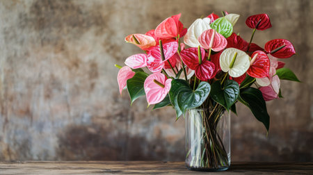 A stunning arrangement of colorful anthurium flowers in a clear vase, showcasing vibrant red, white, and pink petals. Perfect for home decor.の素材