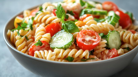 A vibrant bowl of fresh pasta salad featuring colorful tomatoes, crisp cucumbers, and fragrant mint. Ideal for a healthy meal or side dish.の素材