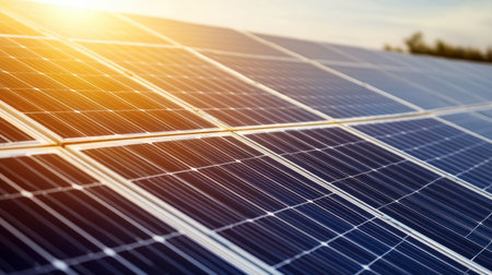 Close-up view of solar panels capturing sunlight during sunset, showcasing renewable energy technology. Ideal for eco-friendly and environmental themes.の素材