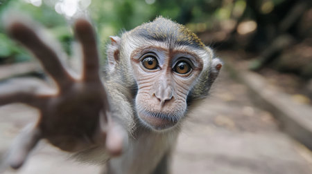 A curious monkey reaches out with a gentle expression, showcasing its playful nature. The image captures the stunning details of its eyes and fur in a lush forest setting.の素材