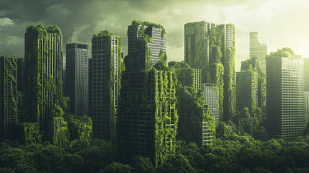 A stunning view of a city overtaken by lush greenery, showcasing skyscrapers draped in plants, highlighting a blend of urban and natural elements.の素材