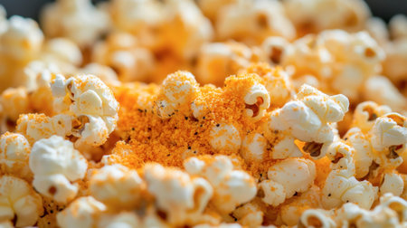 A close-up view of freshly popped gourmet popcorn sprinkled with seasoning, perfect for movie nights or casual gatherings. Enjoy the delicious crunch!の素材