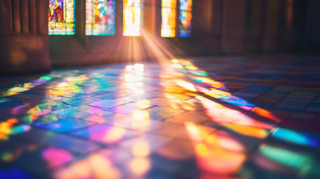 Beautiful light reflections on a floor created by stained glass windows, capturing a vibrant blend of colors and creating a serene atmosphere in the space.の素材