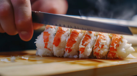 A chef skillfully prepares fresh sushi by slicing seafood with a sharp knife. This vibrant culinary scene highlights the art of sushi crafting.の素材