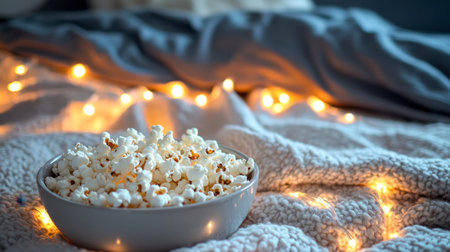 A cozy scene featuring a bowl of popcorn surrounded by soft blankets and warm lights, perfect for a relaxing evening at home enjoying a movie.の素材