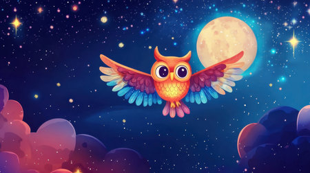 A vibrant cartoon owl soars through a starry night sky, surrounded by fluffy clouds and a glowing moon. Perfect for whimsical designs and art projects.の素材