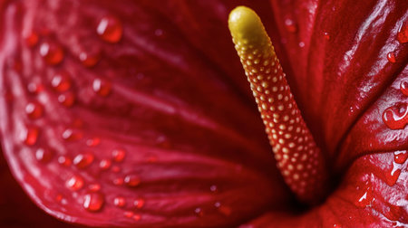 A detailed macro shot of a vibrant red flower with raindrops adorning its petals, showcasing the beauty and elegance of nature in exquisite detail.の素材
