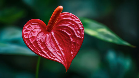 This stunning closeup features a vivid red anthurium flower, symbolizing beauty and love, set against a lush green background, ideal for nature lovers.の素材