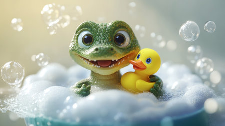 A delightful scene featuring a charming creature with a rubber duck in a bubbly bath. This playful moment radiates joy, innocence, and fun, perfect for childrenの素材