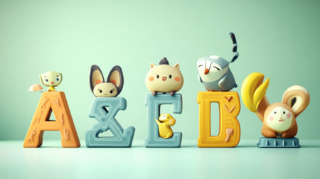 Adorable animal characters playfully arranged around colorful alphabet letters. Perfect for educational and decorative themes in children's spaces.の素材